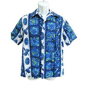 Vintage Ui-Maikai Short Sleeve Hawaiian Aloha Shirt Blue White Tiki Masks Floral
